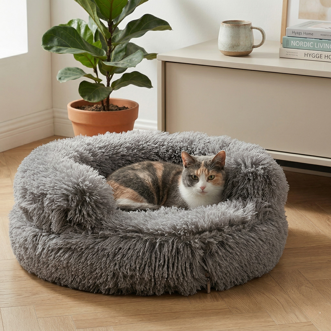 Croci Sofa Katzenbett Bicolor Rund Plüsch mit Waschbarem Bezug | Beige 45x45x9cm