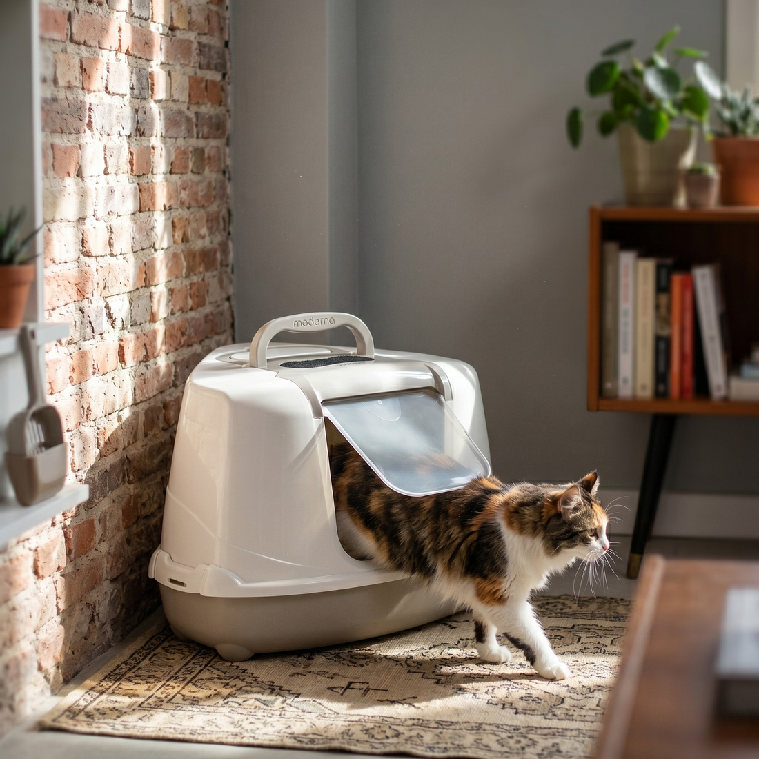 Moderna Jumbo Ecke Katzentoilette mit Klapptür & Filter | Beige
