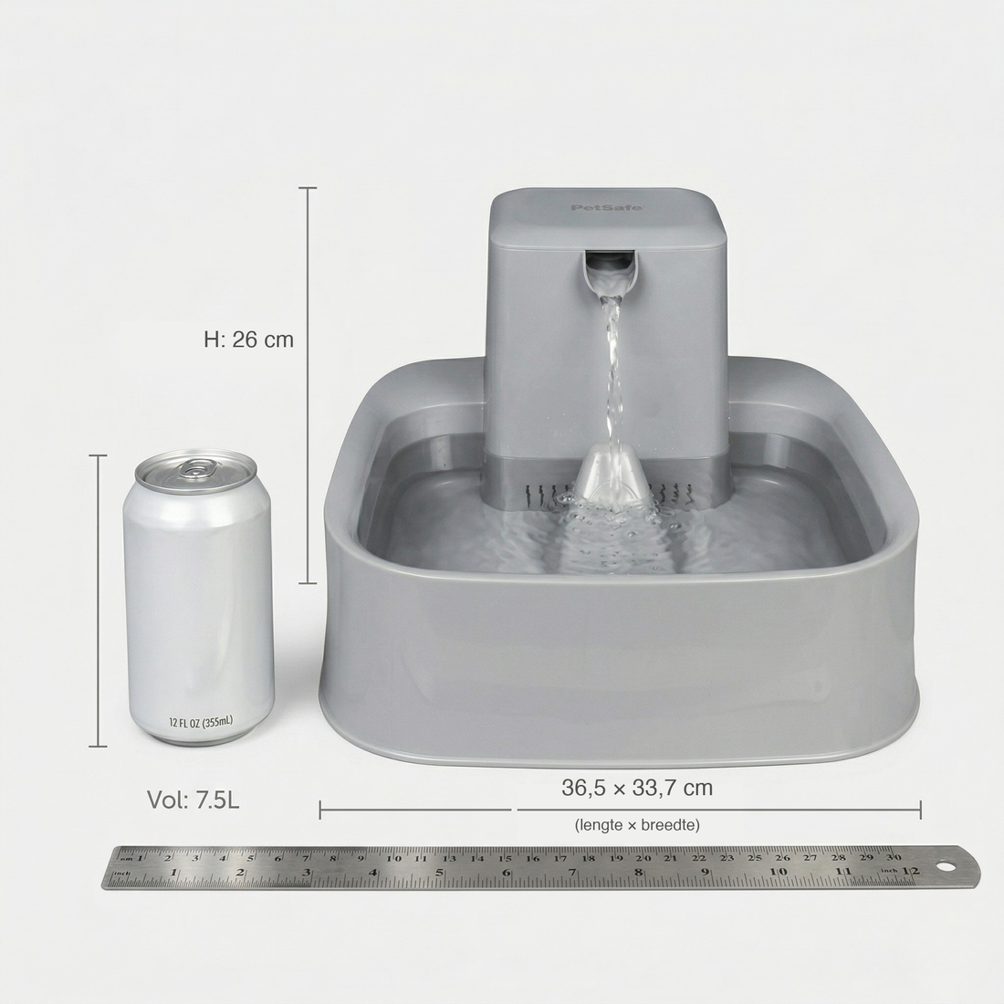 Afmetingen PetSafe Drinkwell 7,5 liter drinkfontein: 36,5 x 33,7 x 26 cm (l x b x h)