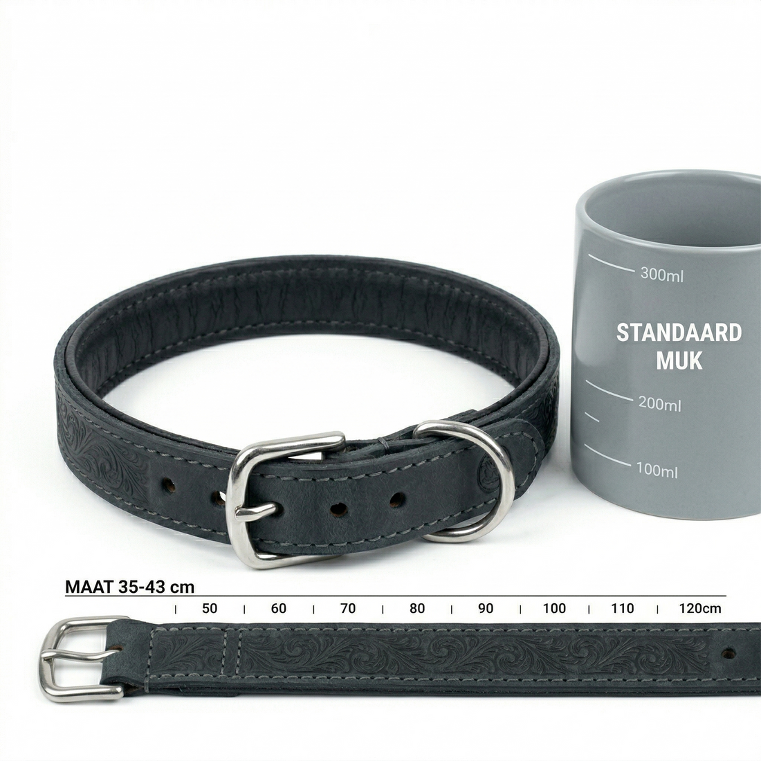 Sazzz Boho Vintage Hundehalsband Breit Verstellbar Leder | Anthrazit 32-39x3cm